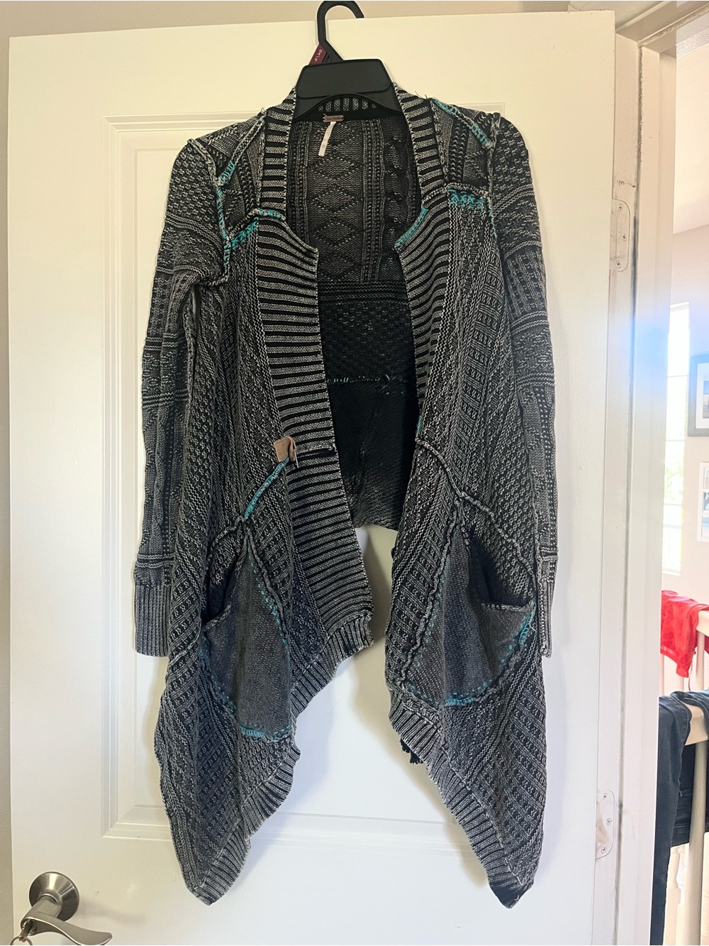 Free People Gray Knit Open-Front Cardigan with Teal Stitching